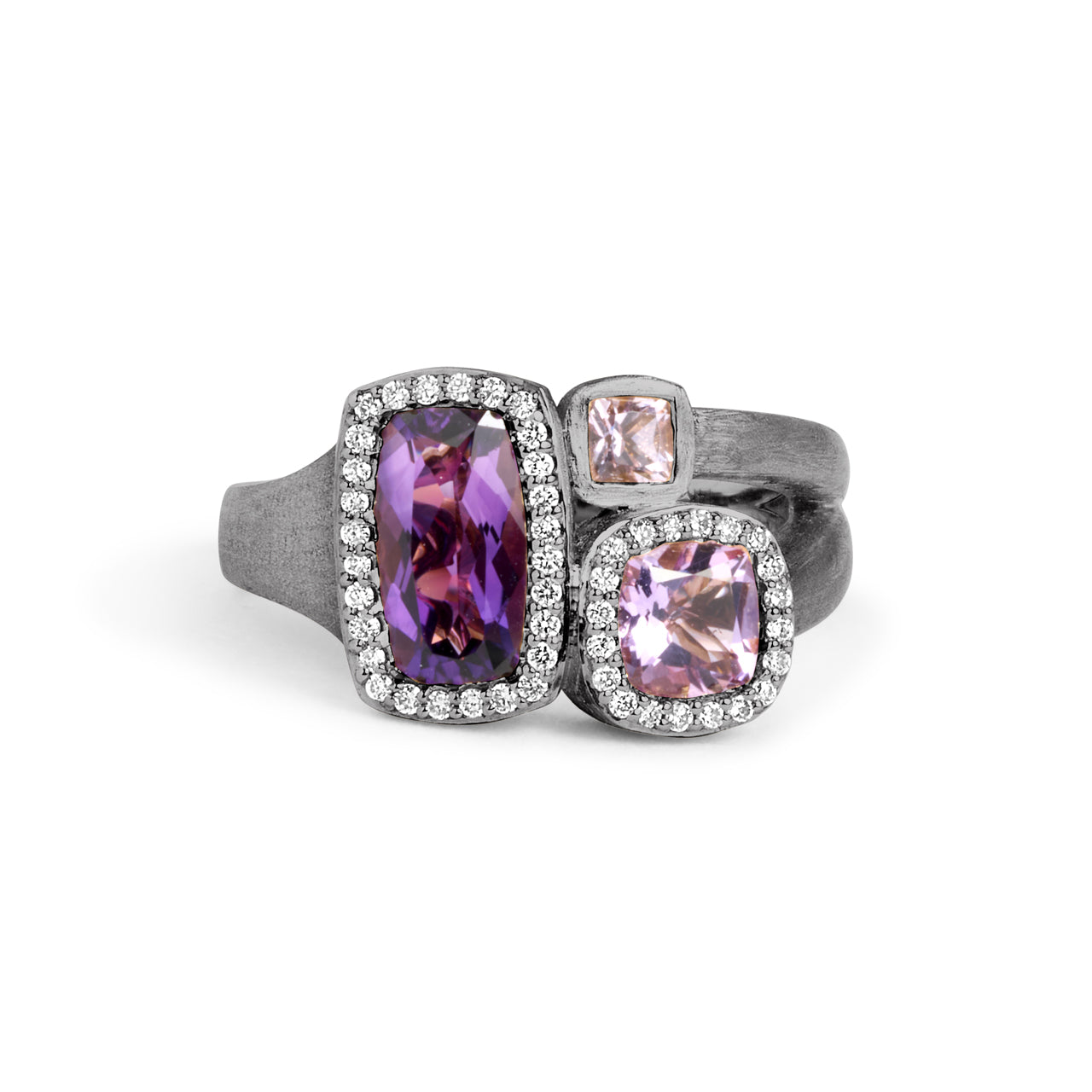 Amethyst & Diamond Cushion 3 Stone Ring