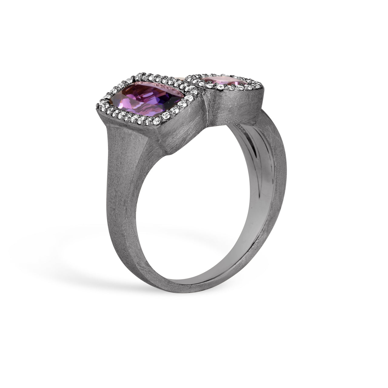 Amethyst & Diamond Cushion 3 Stone Ring