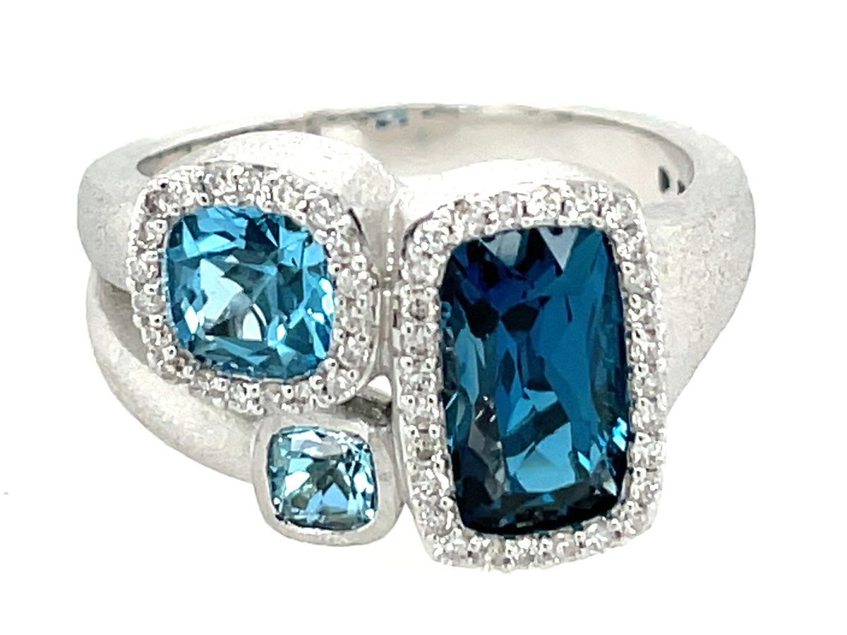 Blue Topaz Cushion 3 Stone Diamond Ring