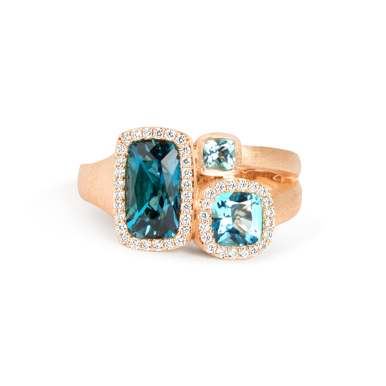 Blue Topaz & Diamond Cushion 3 Stone Ring