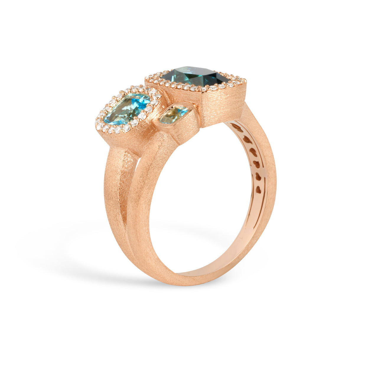 Blue Topaz & Diamond Cushion 3 Stone Ring