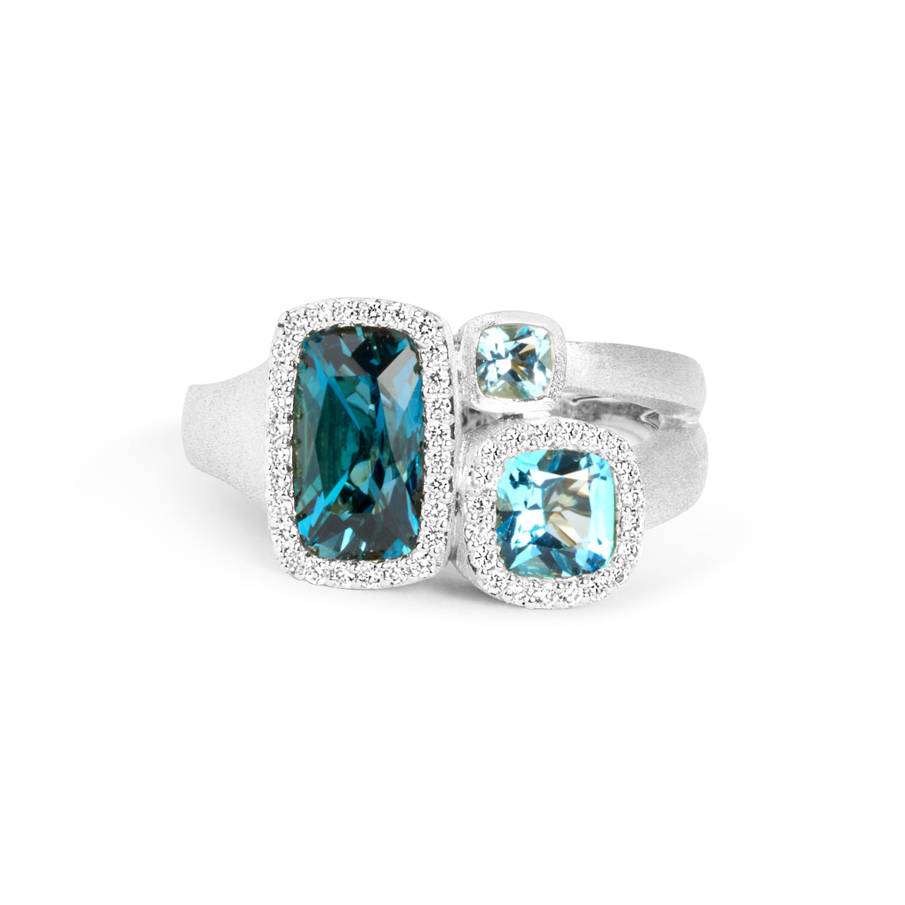 Blue Topaz & Diamond Cushion 3 Stone Ring