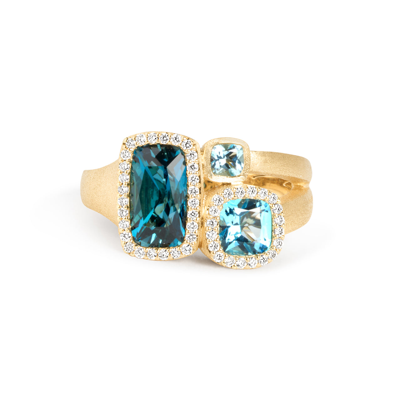 Blue Topaz & Diamond Cushion 3 Stone Ring