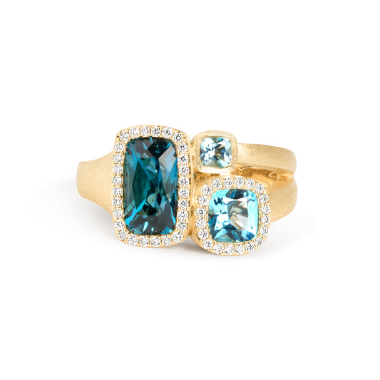 Blue Topaz & Diamond Cushion 3 Stone Ring