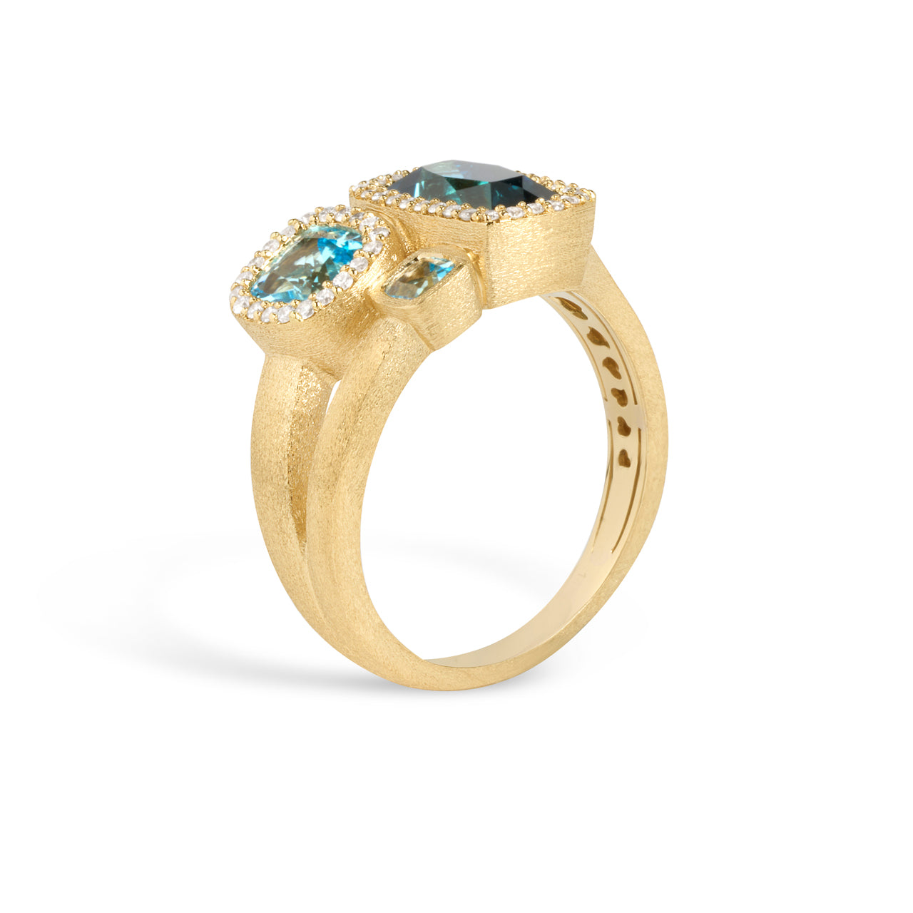 Blue Topaz & Diamond Cushion 3 Stone Ring