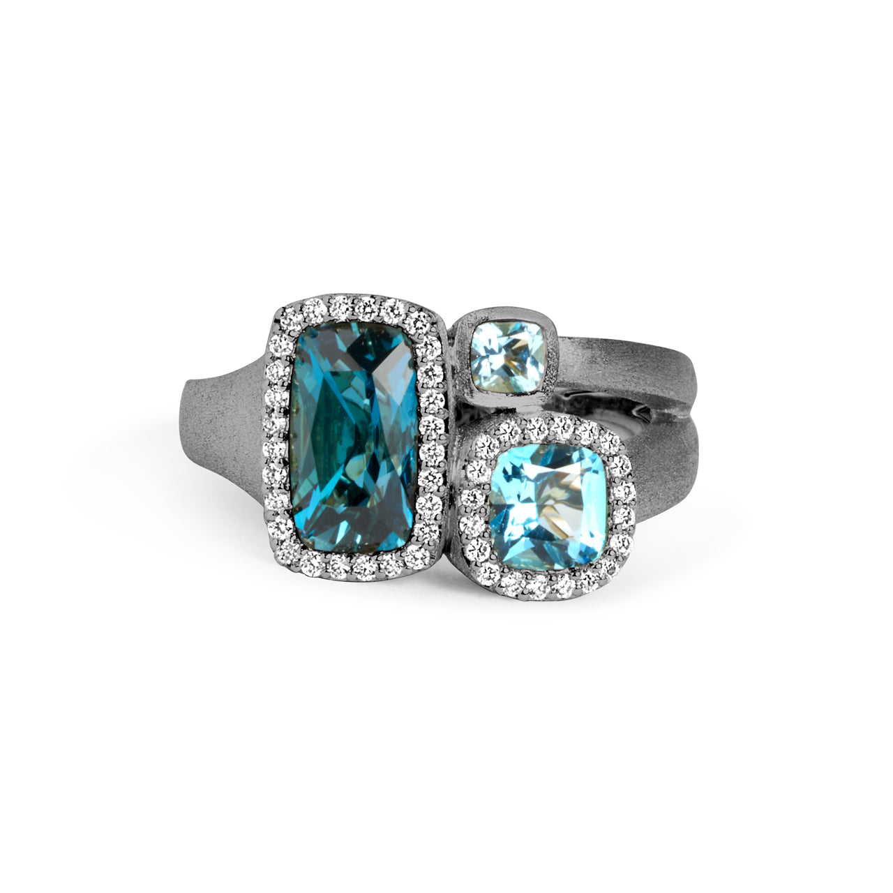 Blue Topaz & Diamond Cushion 3 Stone Ring