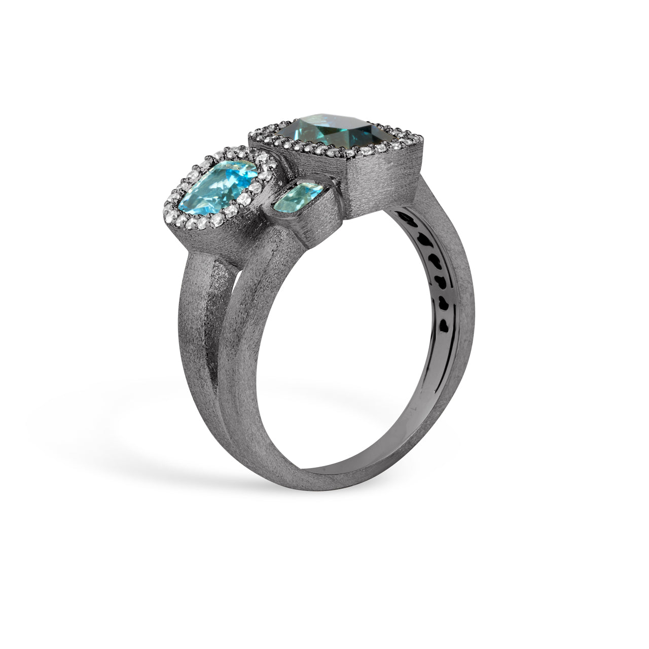 Blue Topaz & Diamond Cushion 3 Stone Ring