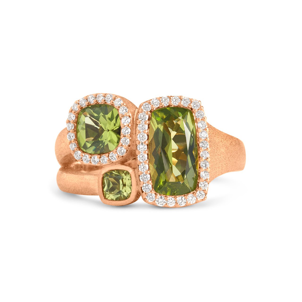 Peridot & Diamond Cushion 3 stone Ring