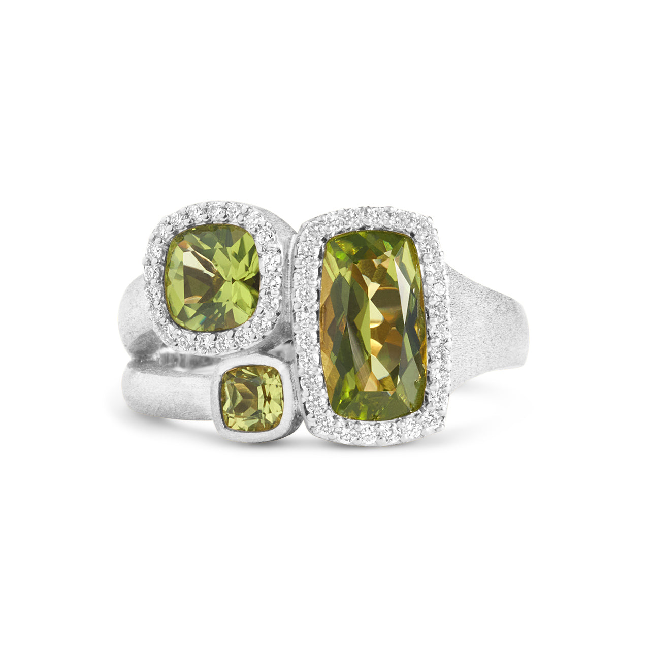 Peridot & Diamond Cushion 3 stone Ring