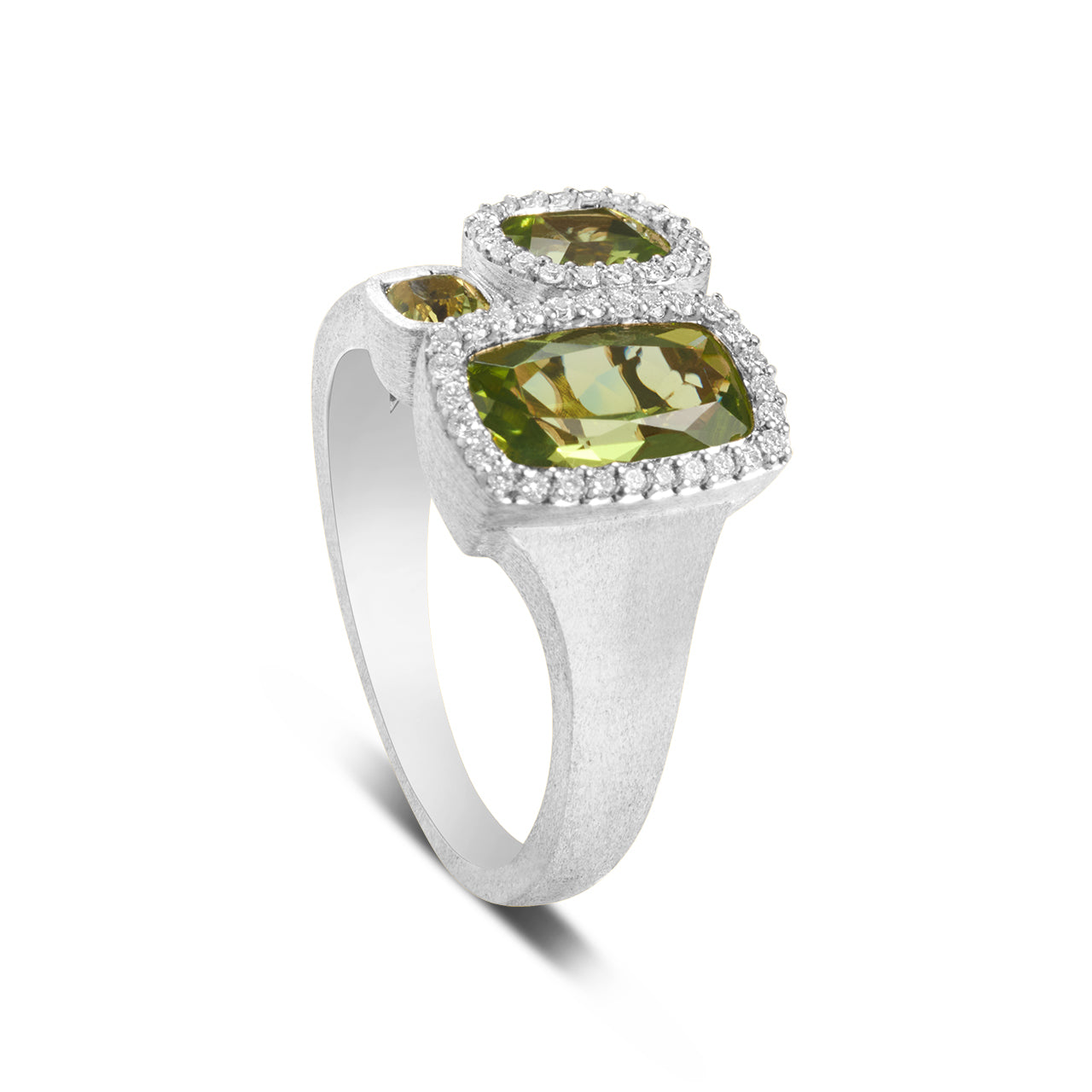 Peridot & Diamond Cushion 3 stone Ring