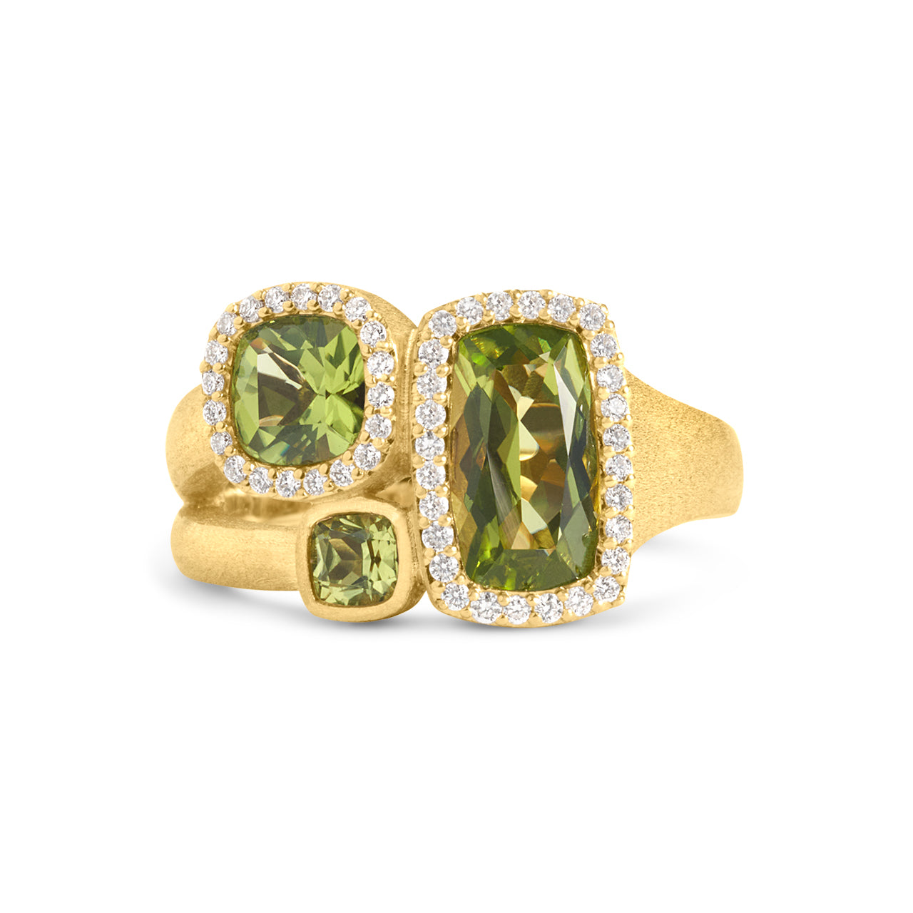 Peridot & Diamond Cushion 3 stone Ring