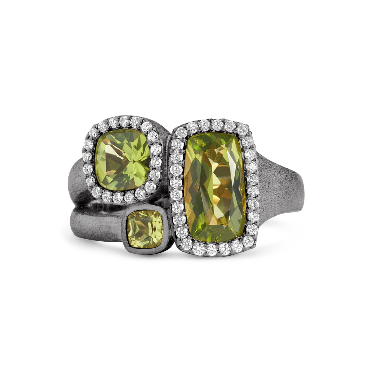 Peridot & Diamond Cushion 3 stone Ring