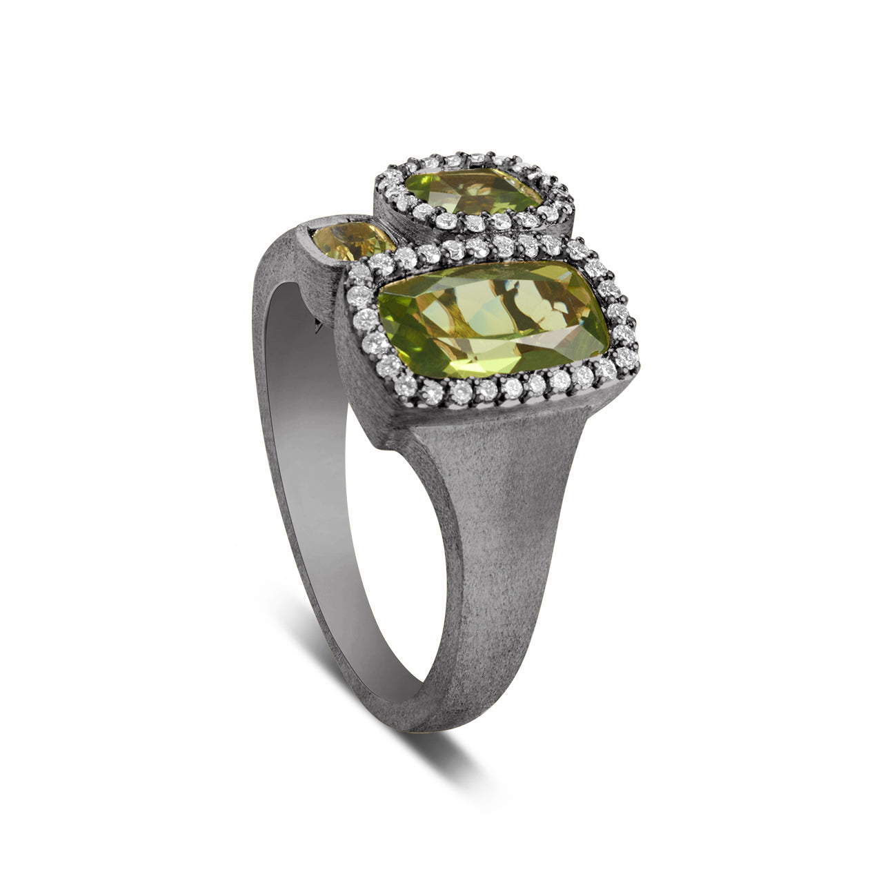 Peridot & Diamond Cushion 3 stone Ring