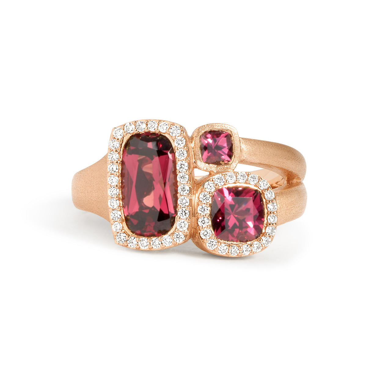 Rhodolite & Diamond Cushion 3 stone Ring