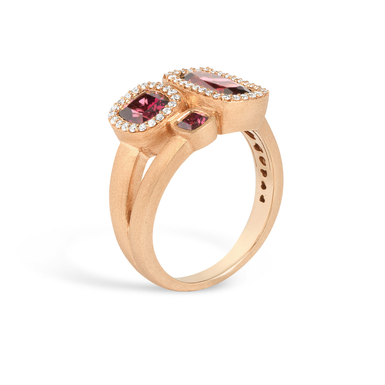 Rhodolite & Diamond Cushion 3 stone Ring