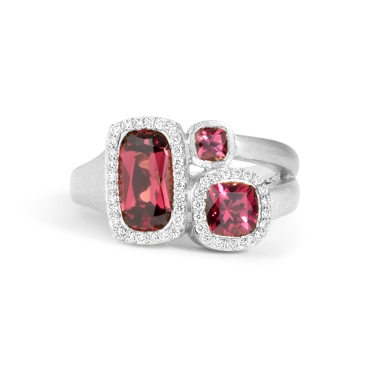 Rhodolite & Diamond Cushion 3 stone Ring