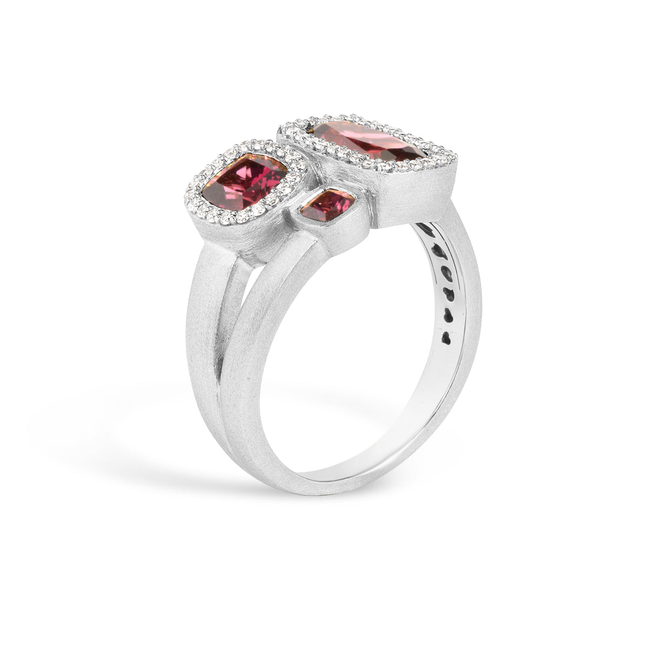 Rhodolite & Diamond Cushion 3 stone Ring
