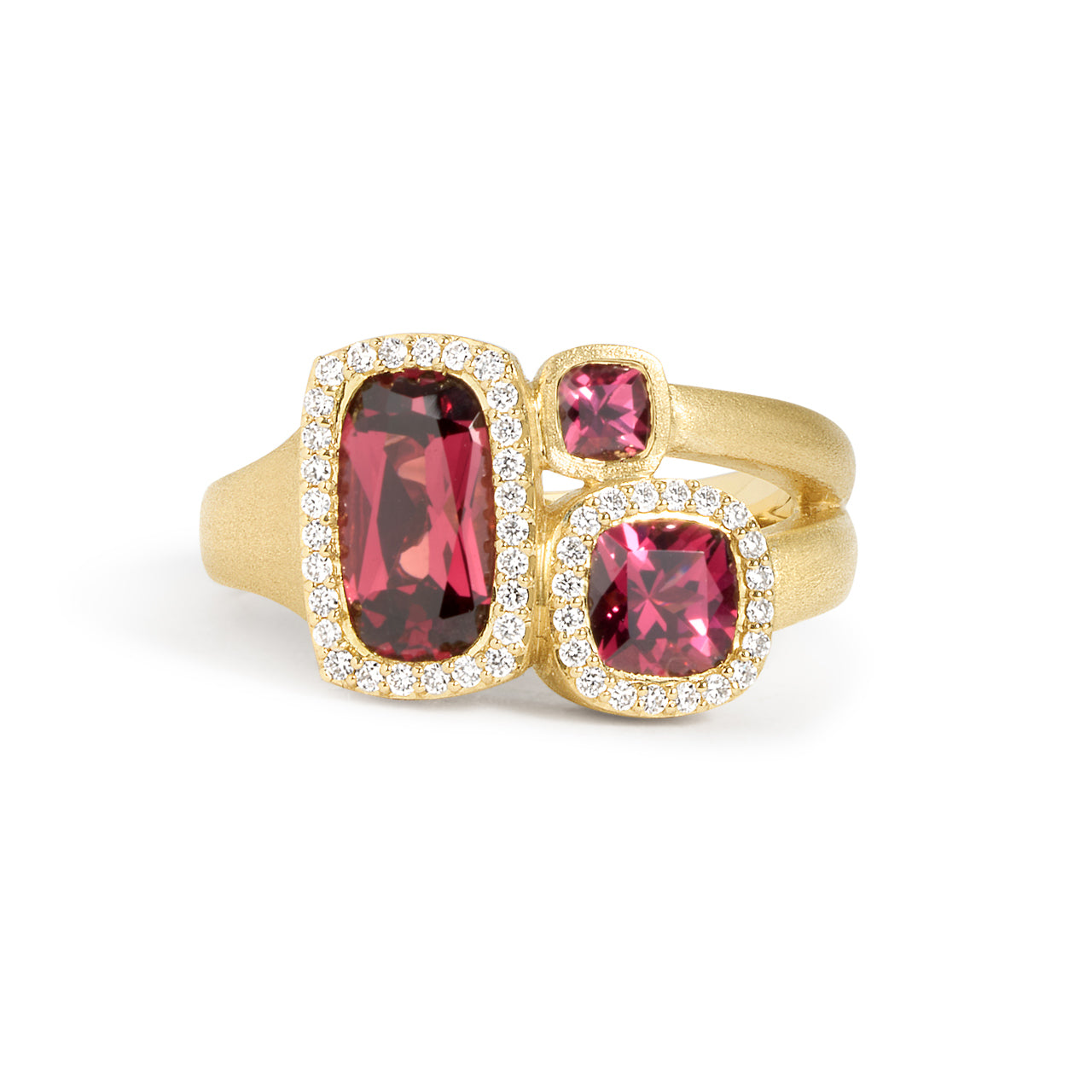 Rhodolite & Diamond Cushion 3 stone Ring