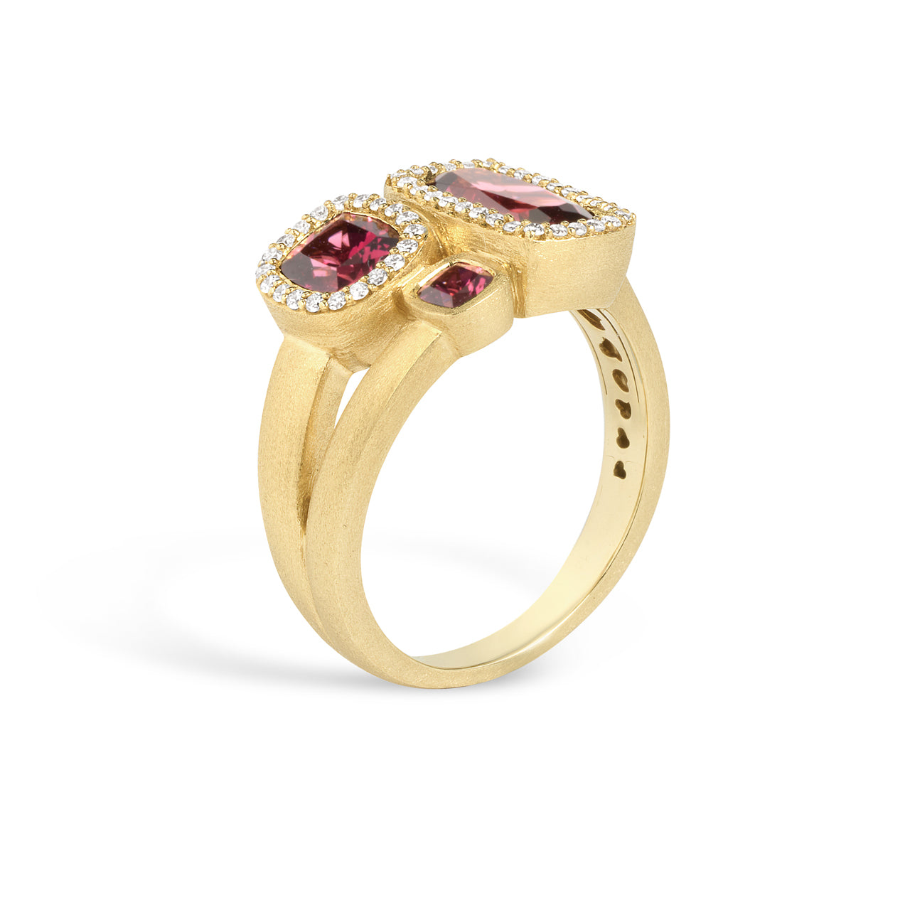 Rhodolite & Diamond Cushion 3 stone Ring