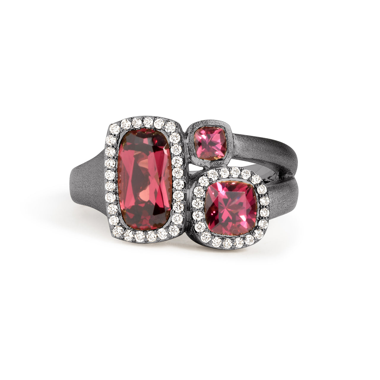 Rhodolite & Diamond Cushion 3 stone Ring