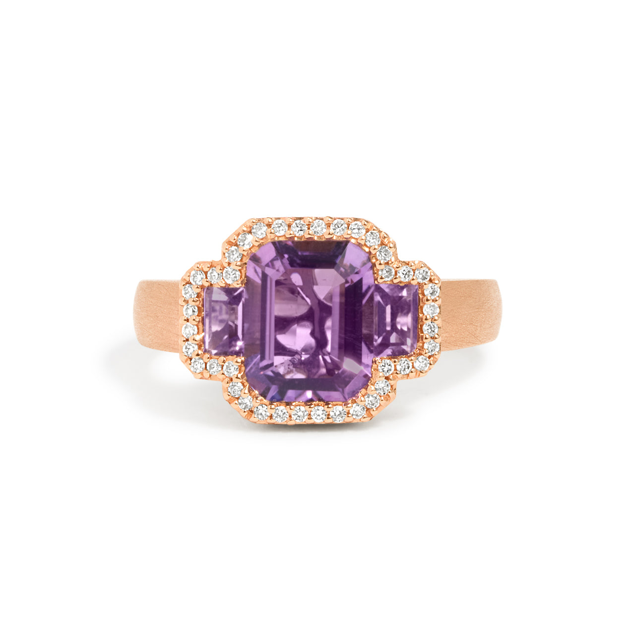 Amethyst & Diamond Emerald Cut 3 Stone Ring