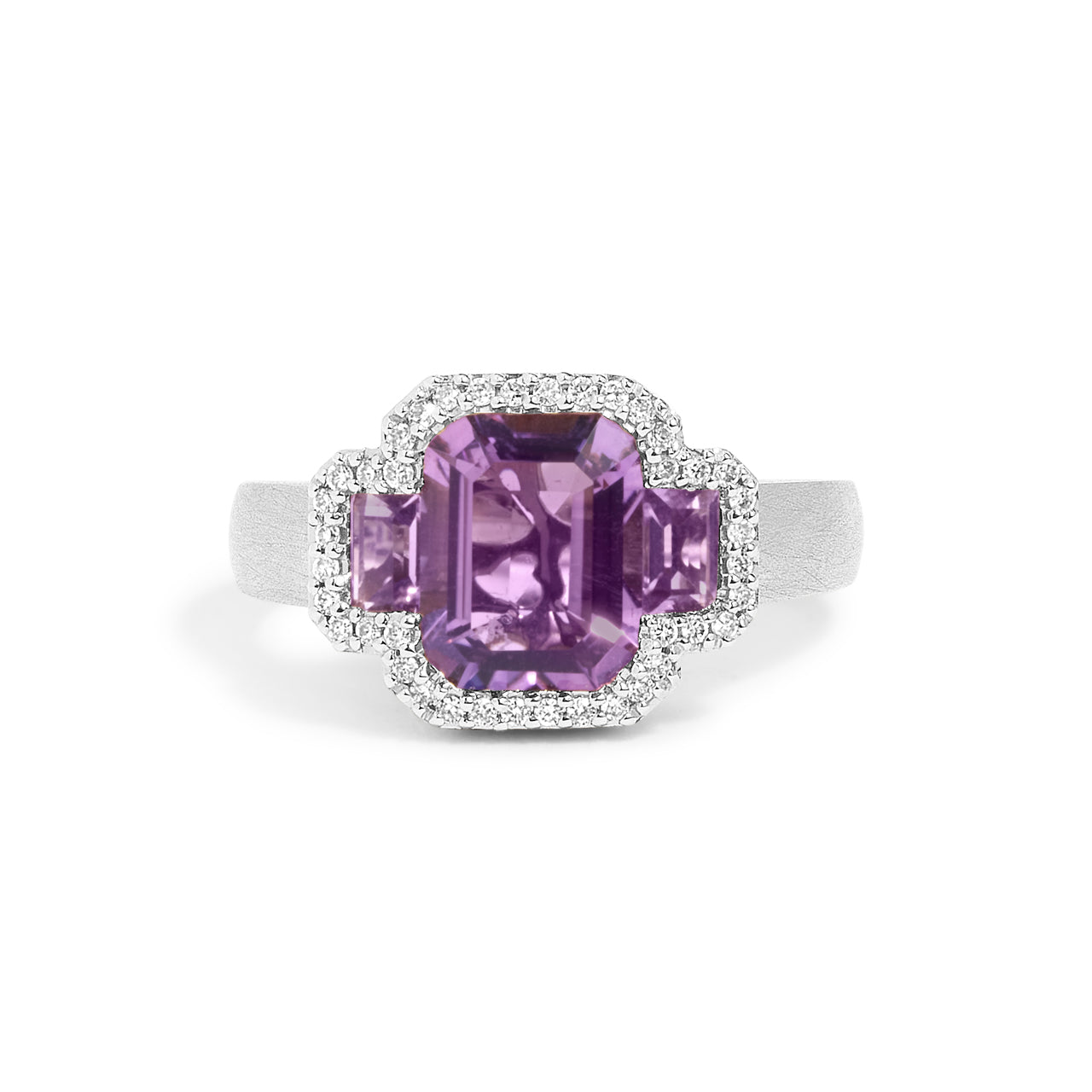 Amethyst & Diamond Emerald Cut 3 Stone Ring