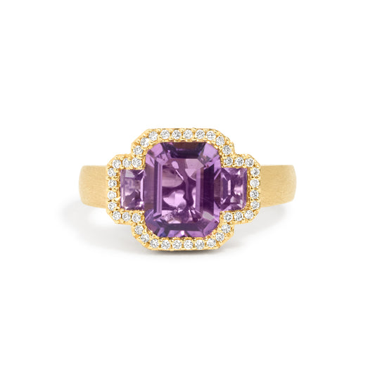 Amethyst & Diamond Emerald Cut 3 Stone Ring