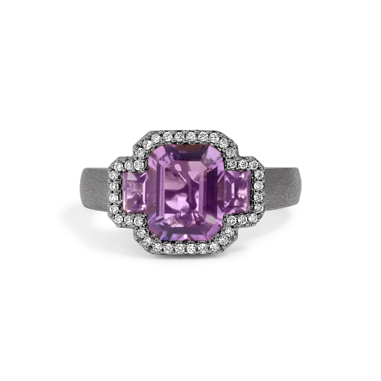 Amethyst & Diamond Emerald Cut 3 Stone Ring