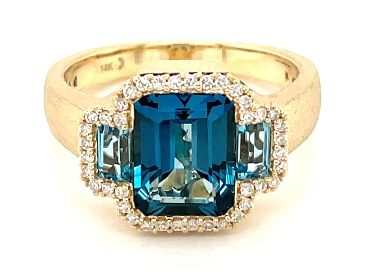 BLUE TOPAZ EMERALD CUT 3 STONE & DIAMOND RING, SATIN FINISH