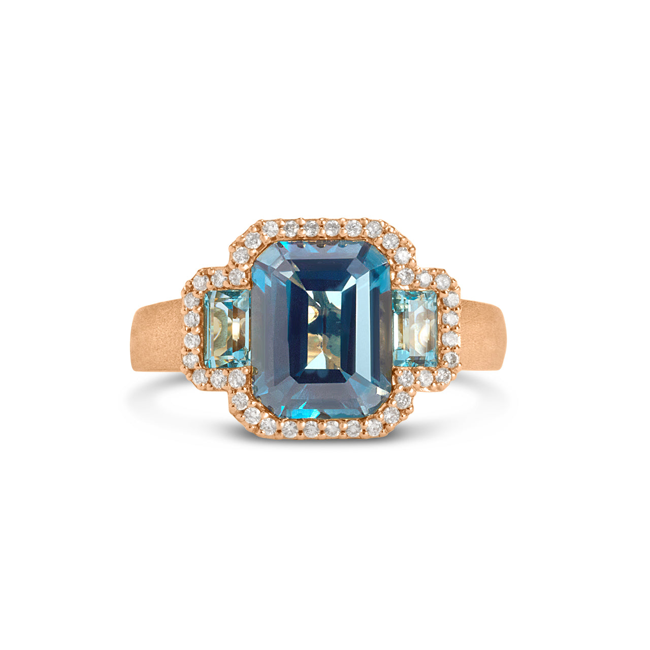 Blue Topaz & Diamond Emerald Cut 3 Stone Ring