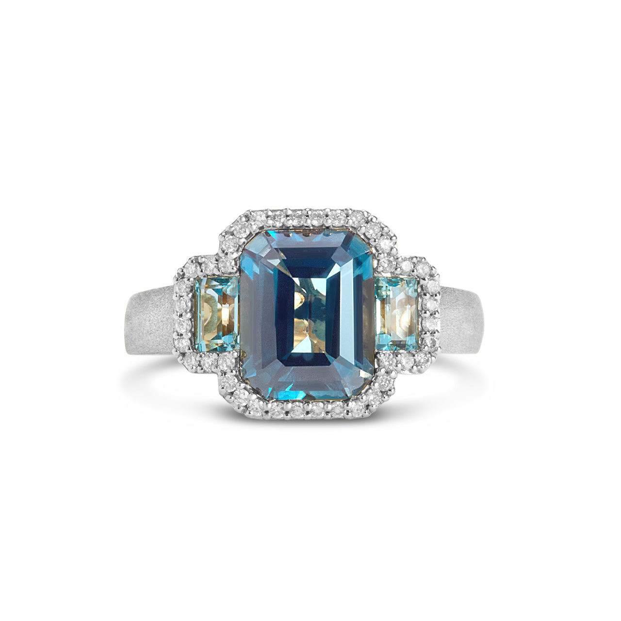 Blue Topaz & Diamond Emerald Cut 3 Stone Ring