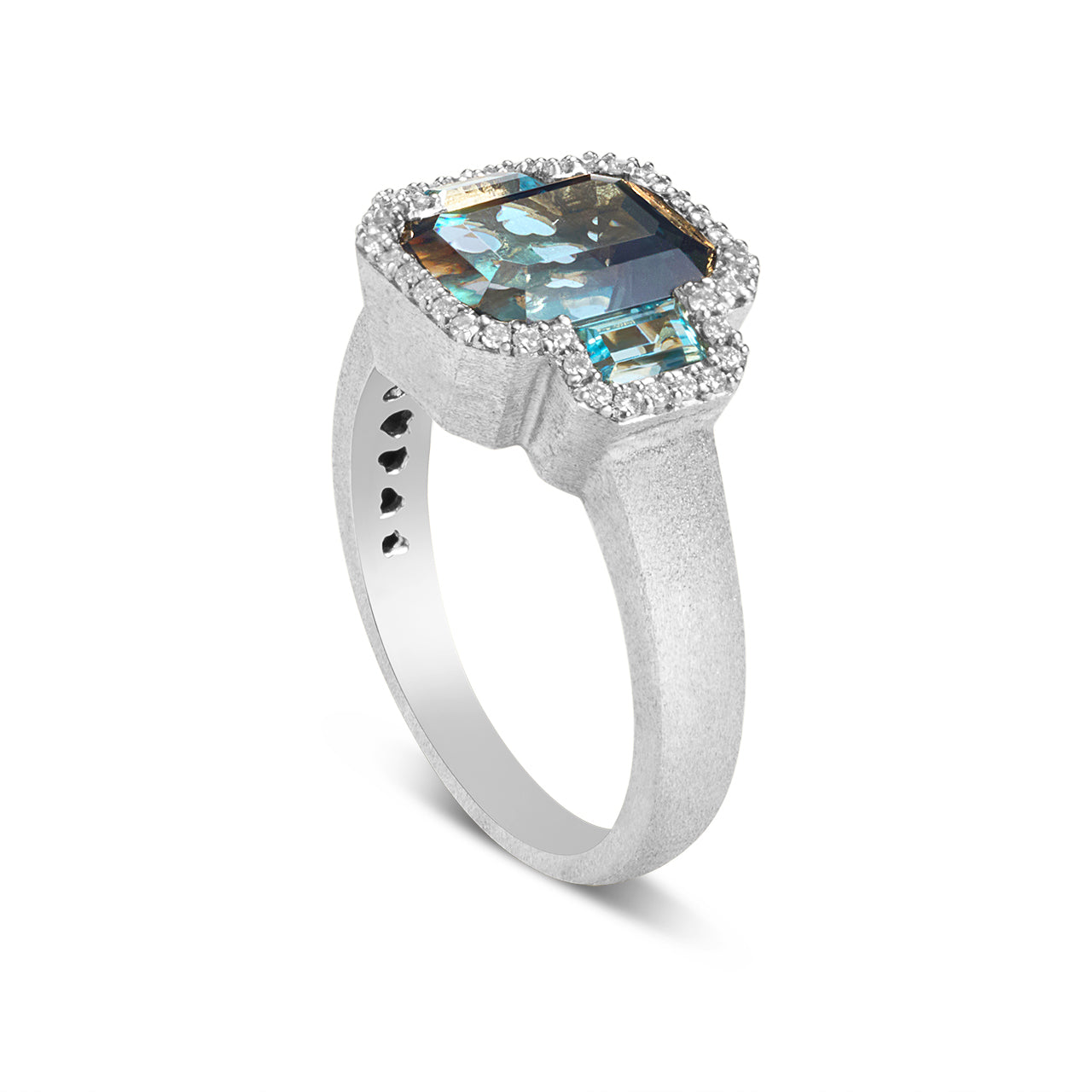 Blue Topaz & Diamond Emerald Cut 3 Stone Ring