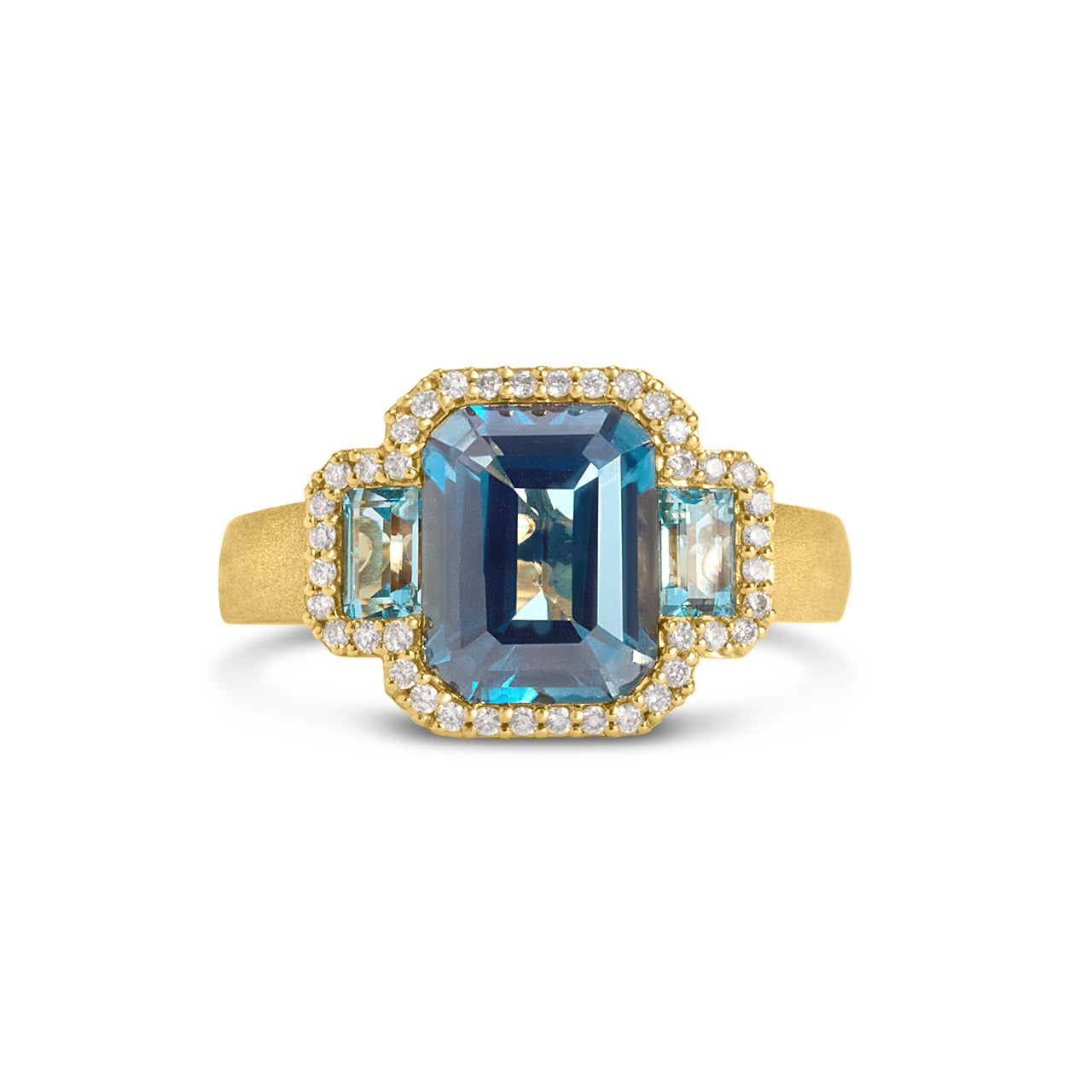 Blue Topaz & Diamond Emerald Cut 3 Stone Ring