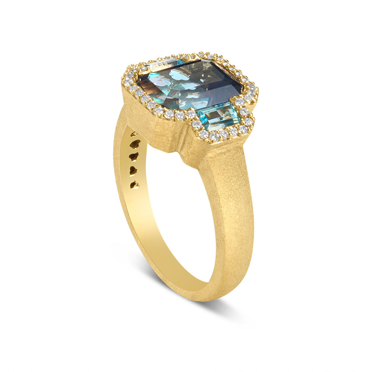 Blue Topaz & Diamond Emerald Cut 3 Stone Ring
