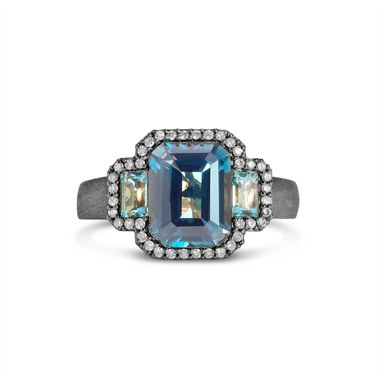 Blue Topaz & Diamond Emerald Cut 3 Stone Ring