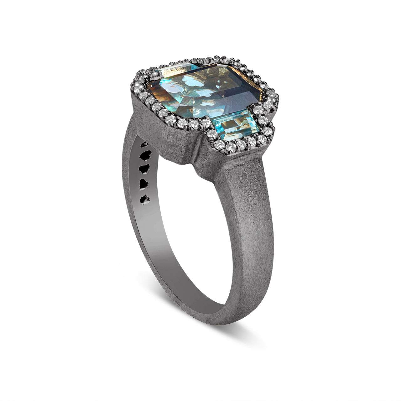Blue Topaz & Diamond Emerald Cut 3 Stone Ring