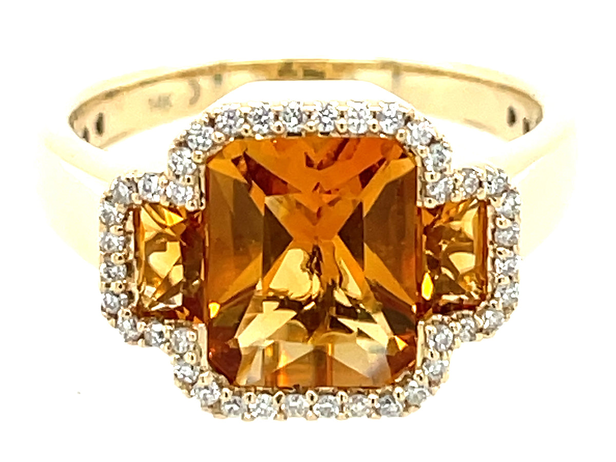 CITRINE EMERALD CUT 3 STONE & DIAMOND RING