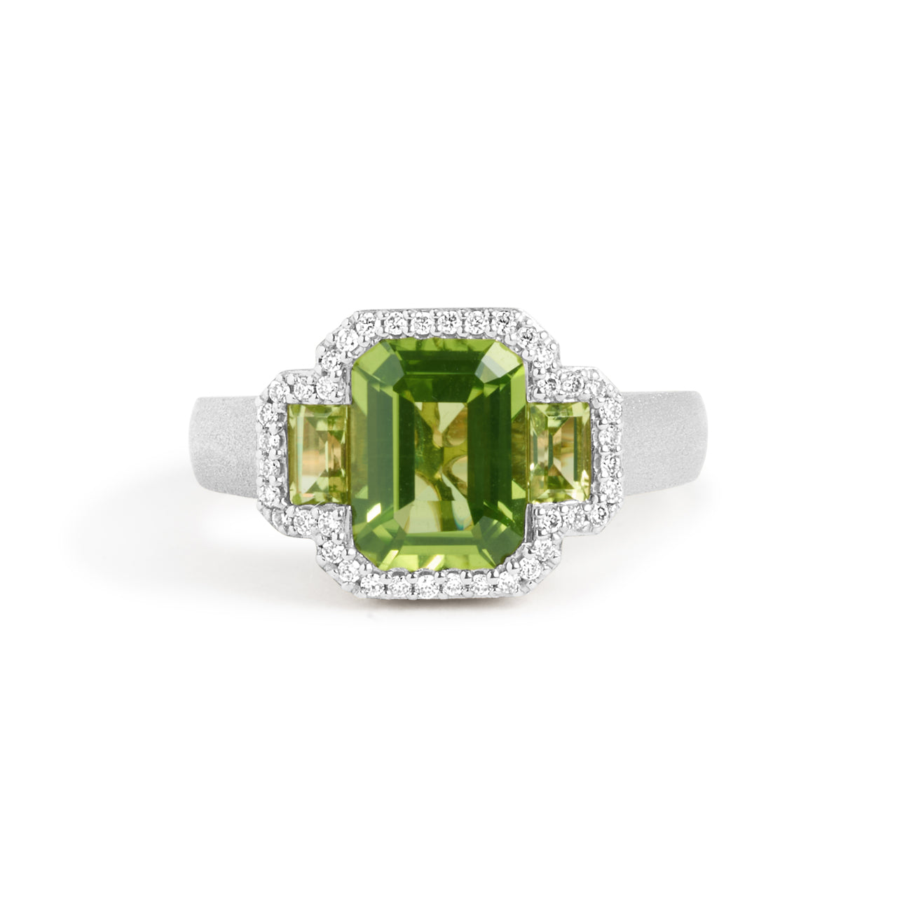 Peridot & Diamond Emerald Cut 3 Stone Ring