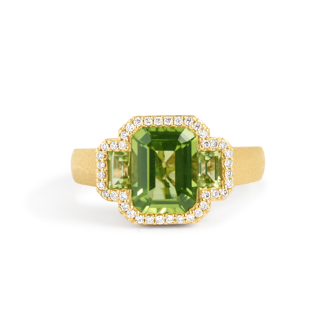 Peridot & Diamond Emerald Cut 3 Stone Ring