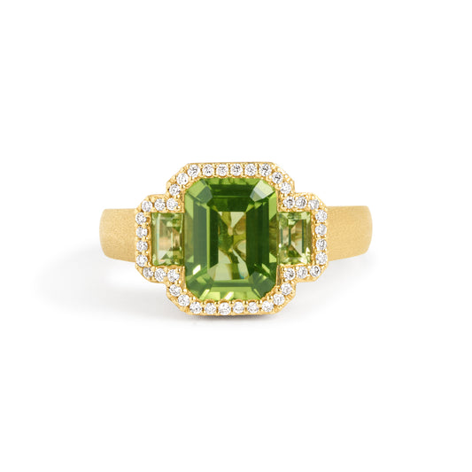 Peridot & Diamond Emerald Cut 3 Stone Ring