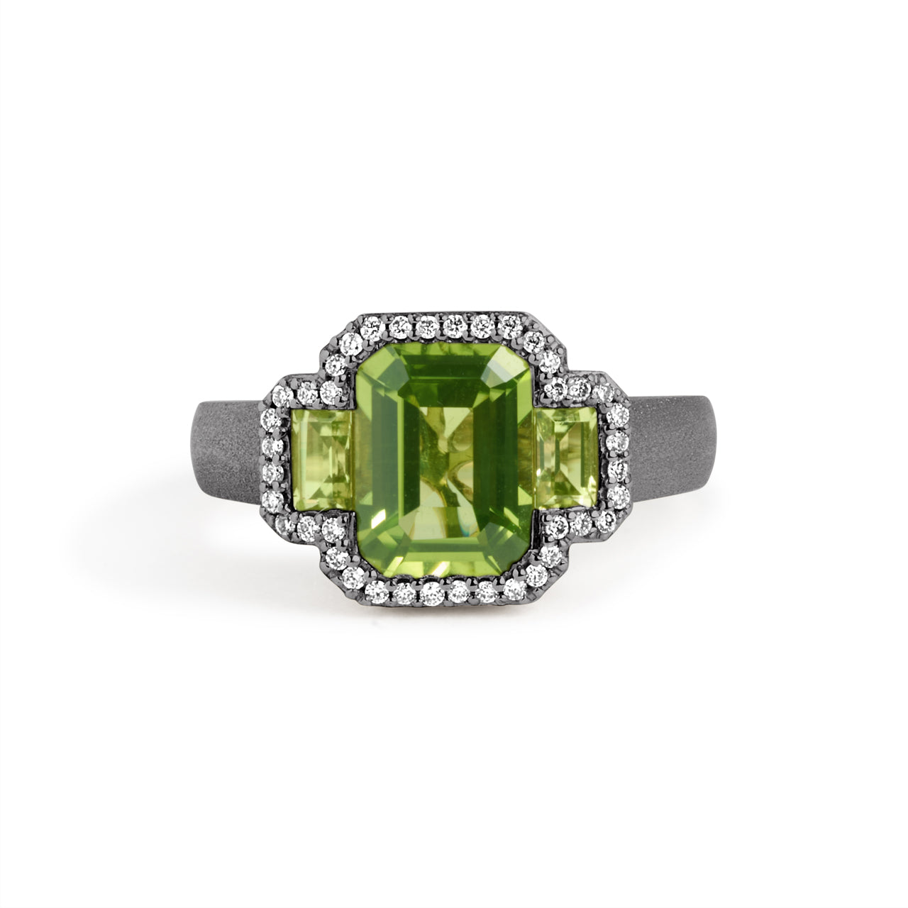 Peridot & Diamond Emerald Cut 3 Stone Ring