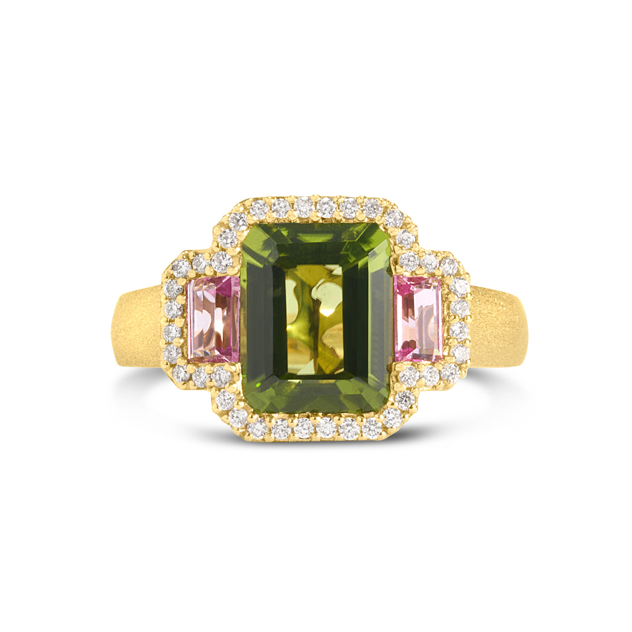 Peridot, Pink Sapphire & Diamond Emerald Cut 3 Stone Ring