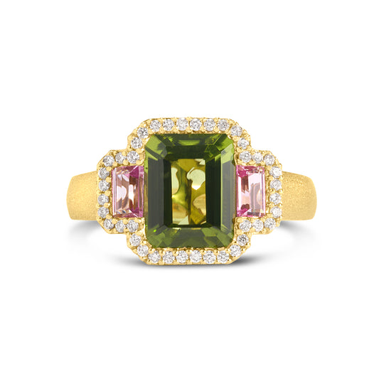 Peridot, Pink Sapphire & Diamond Emerald Cut 3 Stone Ring