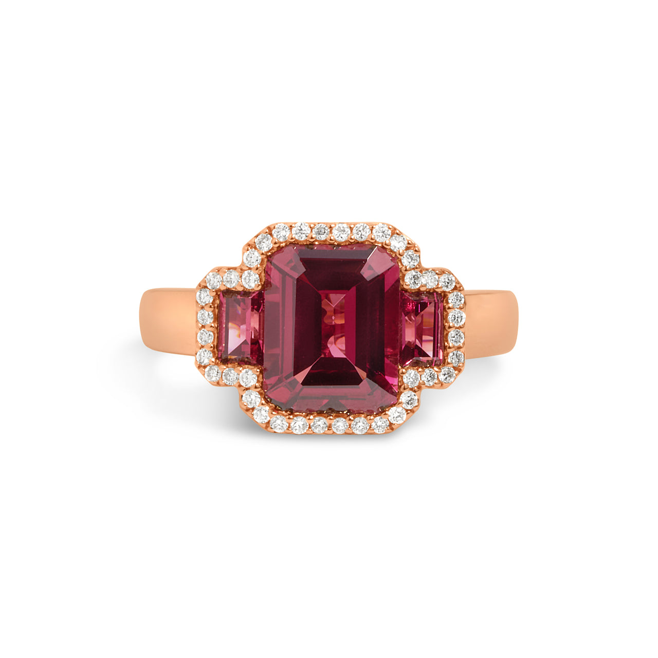 Rhodolite & Diamond Emerald Cut 3 Stone Ring