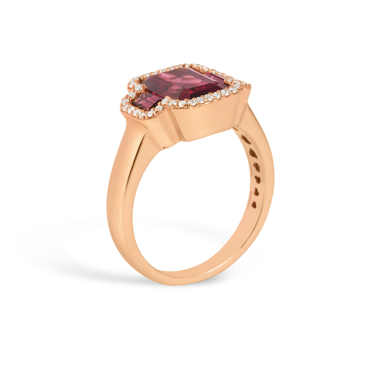 Rhodolite & Diamond Emerald Cut 3 Stone Ring