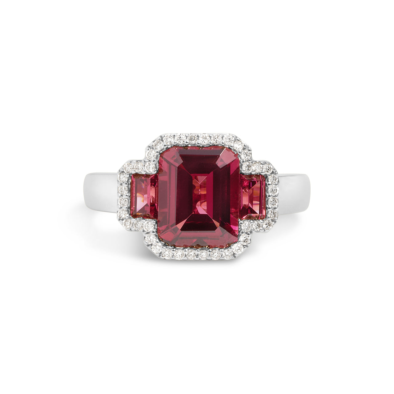 Rhodolite & Diamond Emerald Cut 3 Stone Ring