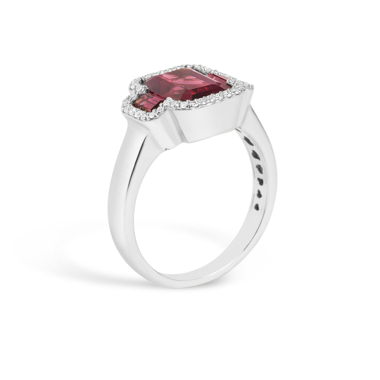 Rhodolite & Diamond Emerald Cut 3 Stone Ring