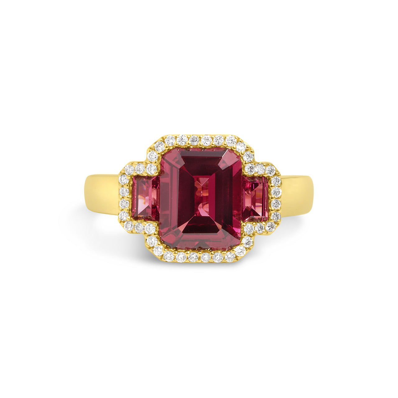 Rhodolite & Diamond Emerald Cut 3 Stone Ring