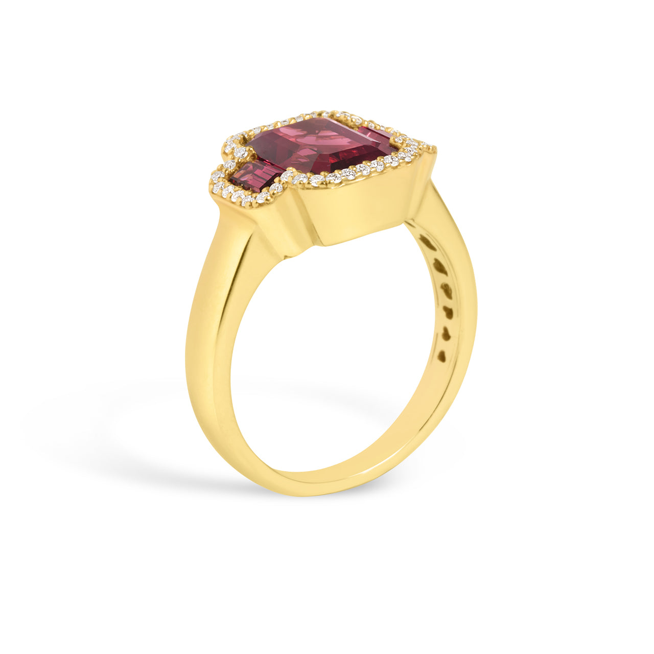 Rhodolite & Diamond Emerald Cut 3 Stone Ring