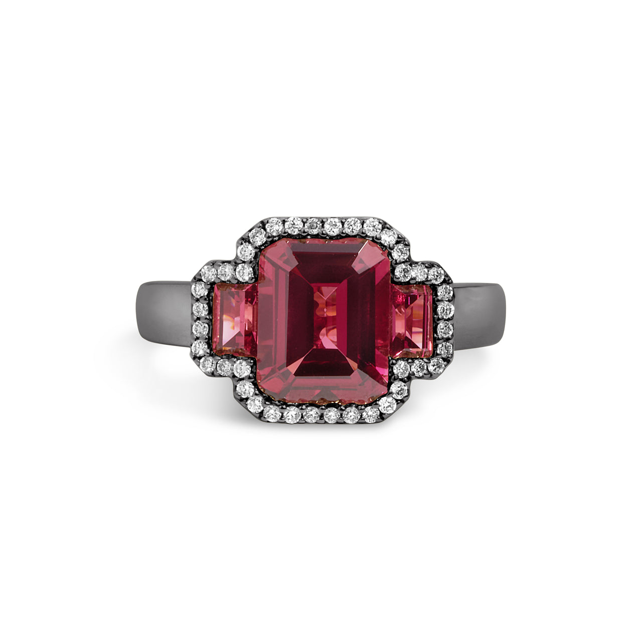 Rhodolite & Diamond Emerald Cut 3 Stone Ring
